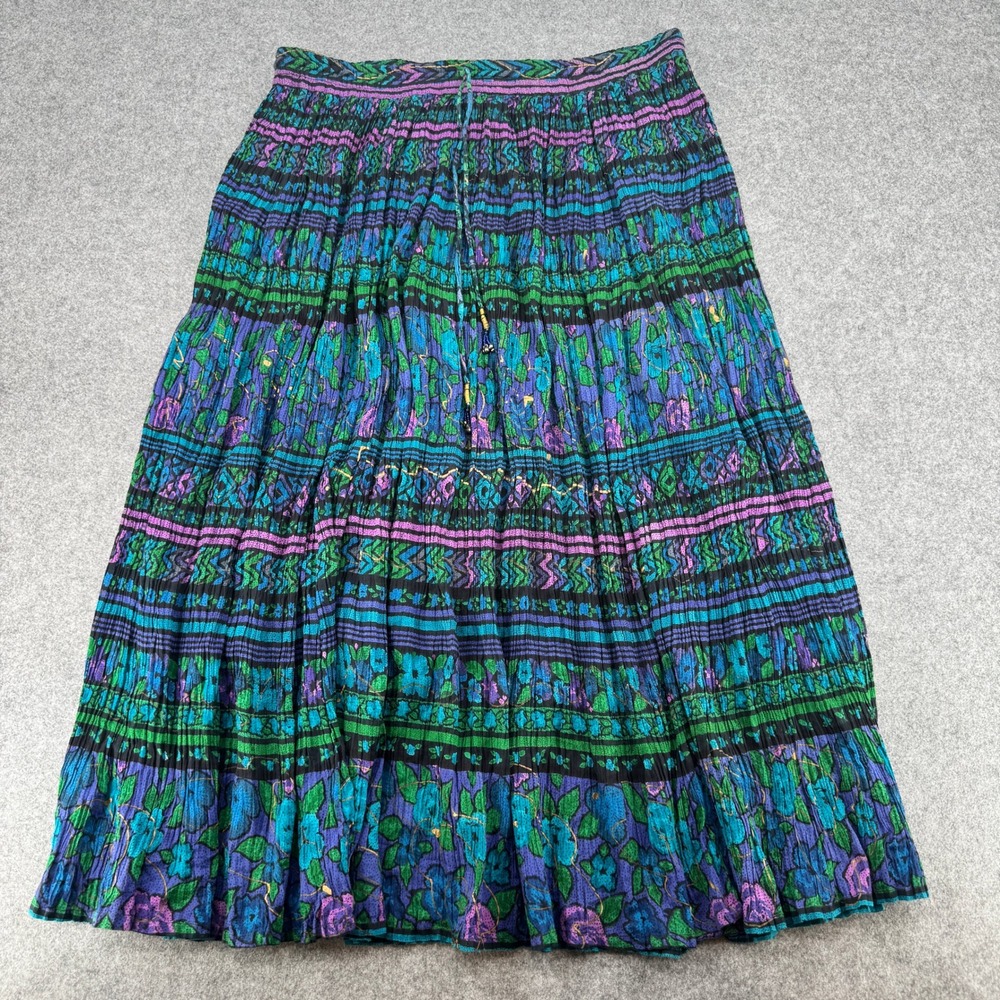 Le Mieux Vintage Boho Floral Broomstick Maxi Skirt Cotton Made in India Blue L